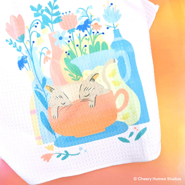 Cat Nap & Flora - Tea Towel | Dish Towel | Kitchen Towel