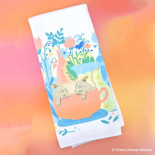 Cat Nap & Flora - Tea Towel | Dish Towel | Kitchen Towel