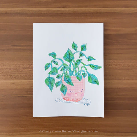 *PAPER ART ORIGINAL* Pink Vase with Plant - Original Paper Cut Artwork ✺ Watercolor - Acryla Gouache - Colored Pencil Art