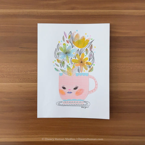 *PAPER ART ORIGINAL* Pink Cup + Flowers 1 - Original Paper Cut Artwork ✺ Watercolor - Acryla Gouache - Colored Pencil Art