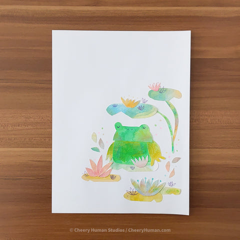 *PAPER ART ORIGINAL* Napping Frog - Original Paper Cut Artwork ✺ Watercolor - Acryla Gouache - Colored Pencil Art