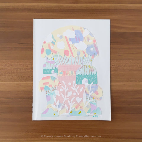 *PAPER ART ORIGINAL* Mushroom Town - Original Paper Cut Artwork ✺ Watercolor - Acryla Gouache - Colored Pencil Art