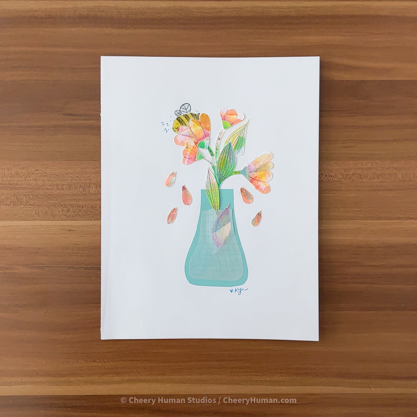 *PAPER ART ORIGINAL* Sleepy Bee in Flower - Original Paper Cut Artwork ✺ Watercolor - Acryla Gouache - Colored Pencil Art