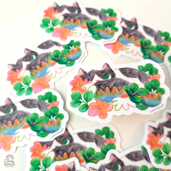 Cozy Tuxedo Cat + Flowers - Handmade Vinyl Sticker