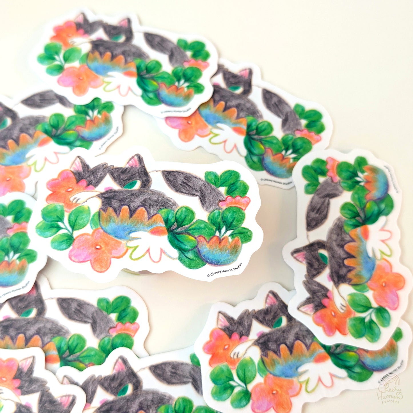 Cozy Tuxedo Cat + Flowers - Handmade Vinyl Sticker