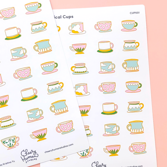 Whimsical Cups - Sticker Sheet | Single Sticker Sheet or Pack of 5