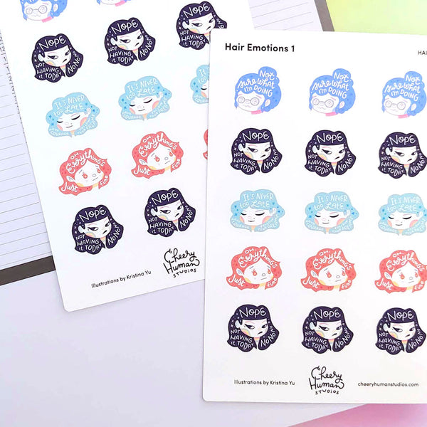 Hair Emotions 1 - Decorative Sticker Sheet | Single Sticker Sheet or Pack of 5