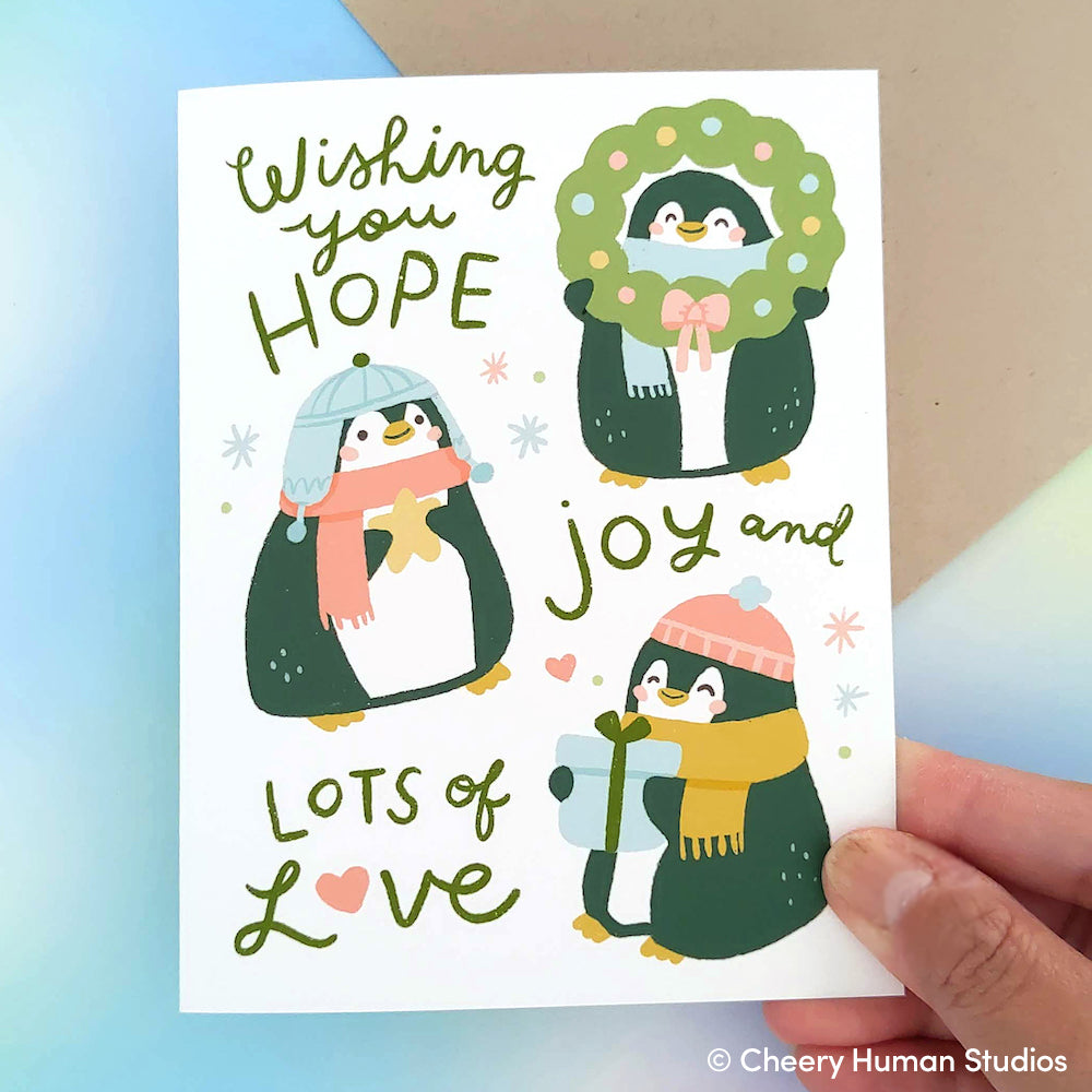 Hope, Joy, and Love - Penguins Holiday Greeting Card