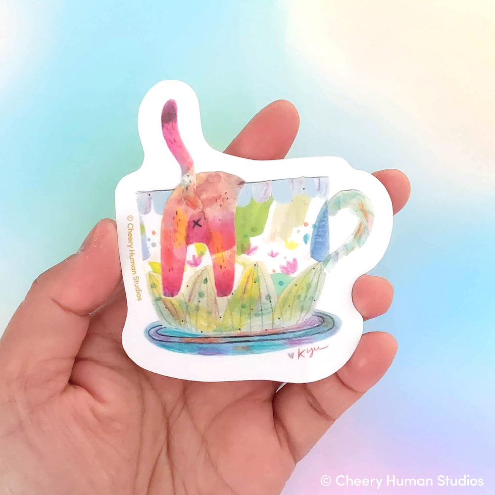 Teacup & Cat Tush Paper Art - Handmade Vinyl Sticker