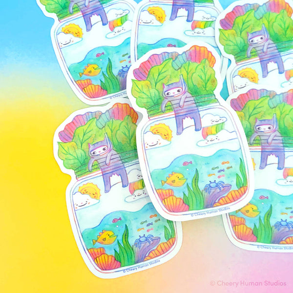 Tiny Worlds + Cats: Ocean - Handmade Vinyl Sticker