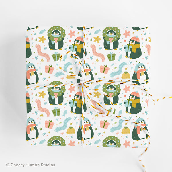 Penguin Holiday Gift Wrap - Folded Flat Pack of 2 Sheets