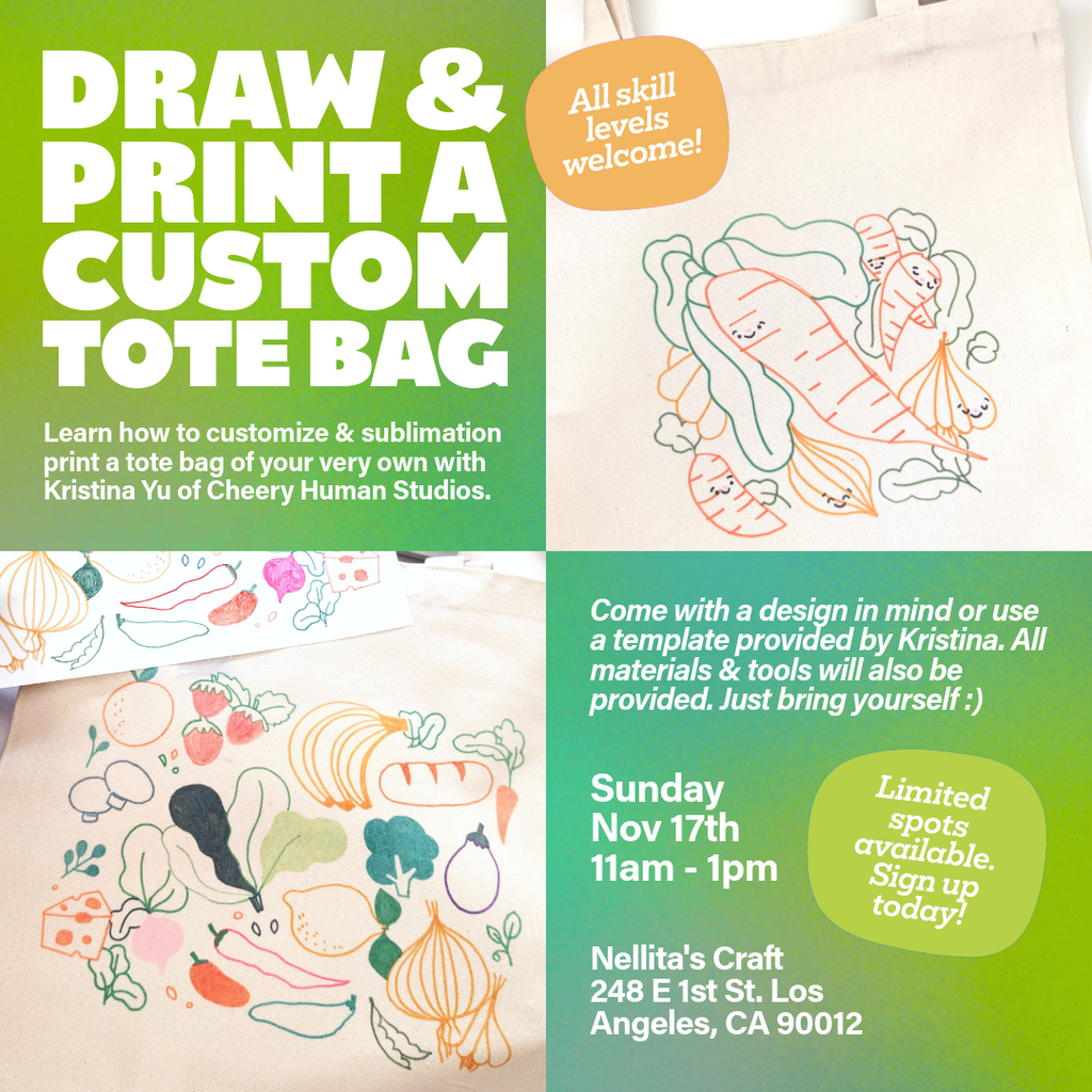 *In-Person Workshop* Draw + Print Your Own Tote Bag @ Nellita's Craft ⬩Sunday, Nov 17th @ 11am