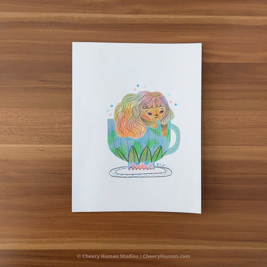 *PAPER ART ORIGINAL* Girl in Teacup - Original Paper Cut Artwork ✺ Watercolor - Acryla Gouache - Colored Pencil Art