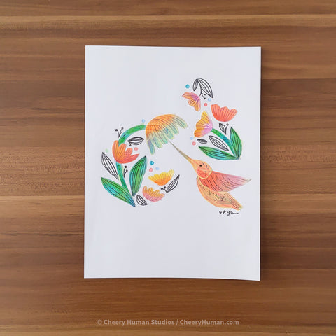 *PAPER ART ORIGINAL* Orange Hummingbird - Original Paper Cut Artwork ✺ Watercolor - Acryla Gouache - Colored Pencil Art