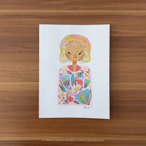 *PAPER ART ORIGINAL* Woman in Pink Floral 1 - Original Paper Cut Artwork ✺ Watercolor - Acryla Gouache - Colored Pencil Art