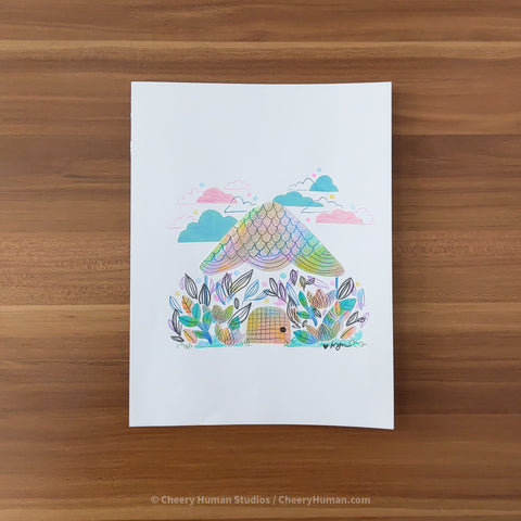 *PAPER ART ORIGINAL* Floral House - Original Paper Cut Artwork ✺ Watercolor - Acryla Gouache - Colored Pencil Art