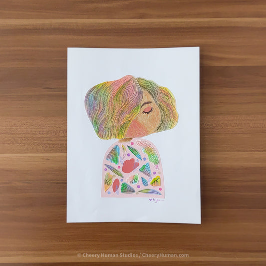 *PAPER ART ORIGINAL* Woman in Pink Floral 2 - Original Paper Cut Artwork ✺ Watercolor - Acryla Gouache - Colored Pencil Art