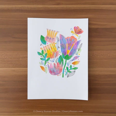 *PAPER ART ORIGINAL* Bright Flowers + Butterfly - Original Paper Cut Artwork ✺ Watercolor - Acryla Gouache - Colored Pencil Art