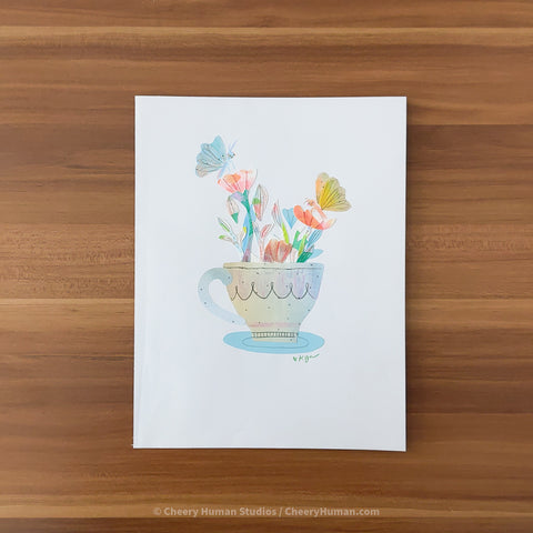 *PAPER ART ORIGINAL* Teacup + Butterflies - Original Paper Cut Artwork ✺ Watercolor - Acryla Gouache - Colored Pencil Art