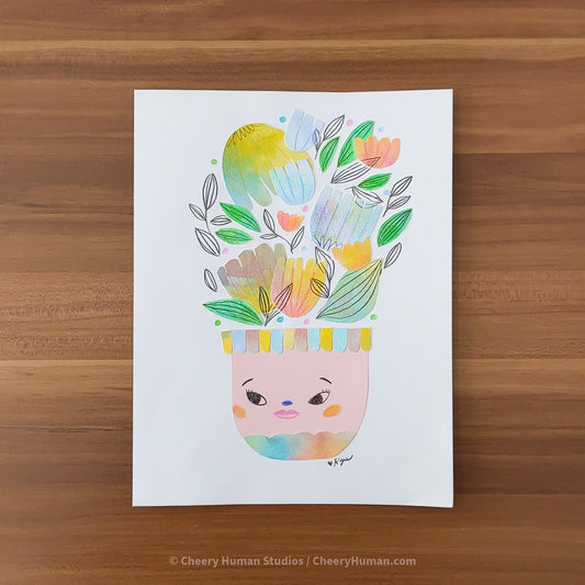 *PAPER ART ORIGINAL* Pink Vase + Flowers - Original Paper Cut Artwork ✺ Watercolor - Acryla Gouache - Colored Pencil Art
