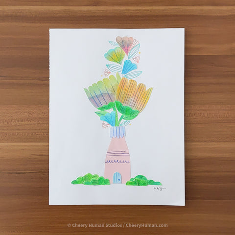 *PAPER ART ORIGINAL* Vase House + Flowers - Original Paper Cut Artwork ✺ Watercolor - Acryla Gouache - Colored Pencil Art