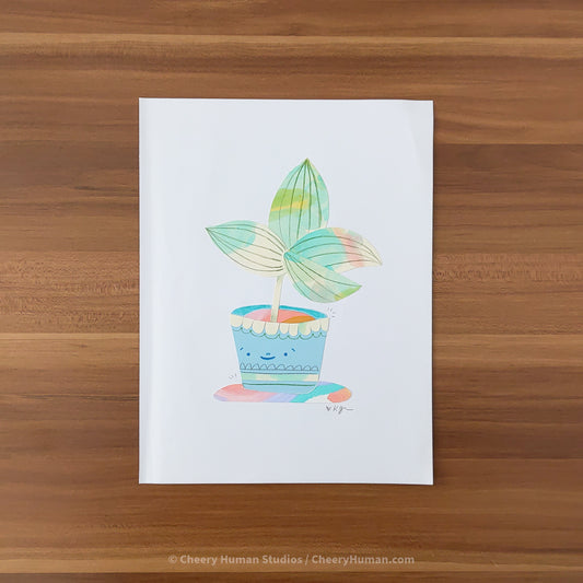 *PAPER ART ORIGINAL* Blue Vase + Plant - Original Paper Cut Artwork ✺ Watercolor - Acryla Gouache - Colored Pencil Art