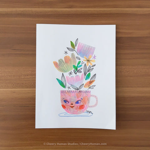 *PAPER ART ORIGINAL* Pink Cup + Flowers 2 - Original Paper Cut Artwork ✺ Watercolor - Acryla Gouache - Colored Pencil Art