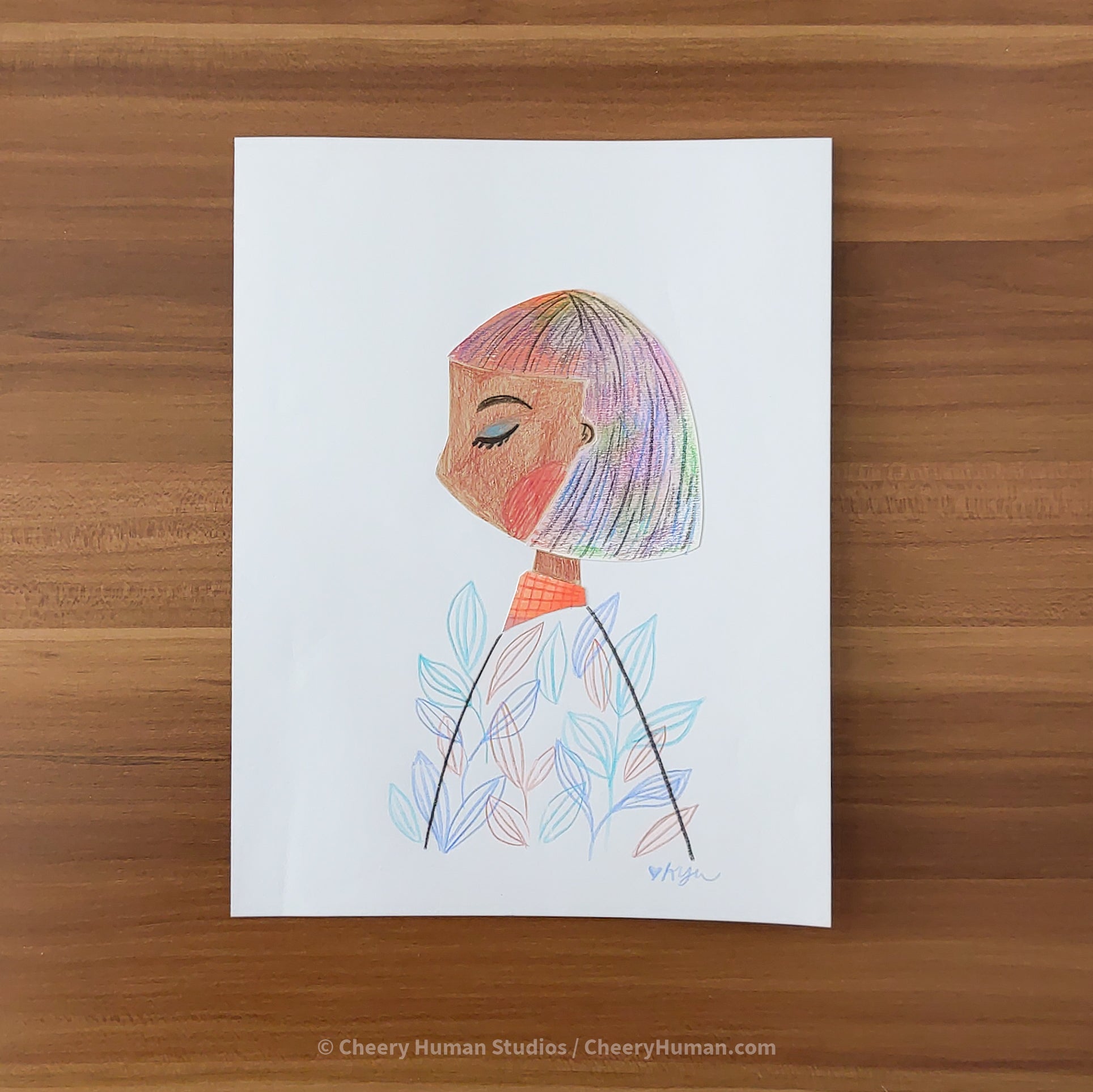 *PAPER ART ORIGINAL* Colorful Bob Woman - Original Paper Cut Artwork ✺ Watercolor - Acryla Gouache - Colored Pencil Art