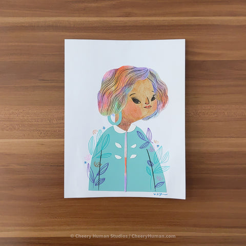 *PAPER ART ORIGINAL* Turquoise Blouse Woman - Original Paper Cut Artwork ✺ Watercolor - Acryla Gouache - Colored Pencil Art