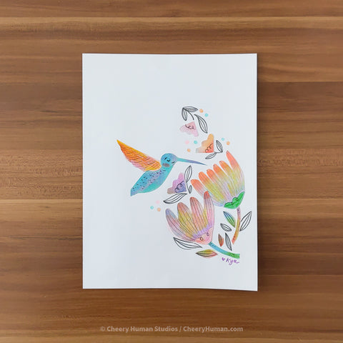 *PAPER ART ORIGINAL* Blue Hummingbird - Original Paper Cut Artwork ✺ Watercolor - Acryla Gouache - Colored Pencil Art