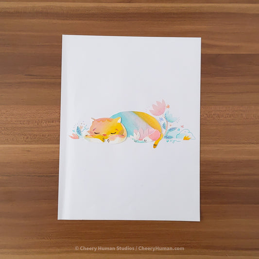 *PAPER ART ORIGINAL* Napping Rainbow Cat - Original Paper Cut Artwork ✺ Watercolor - Acryla Gouache - Colored Pencil Art