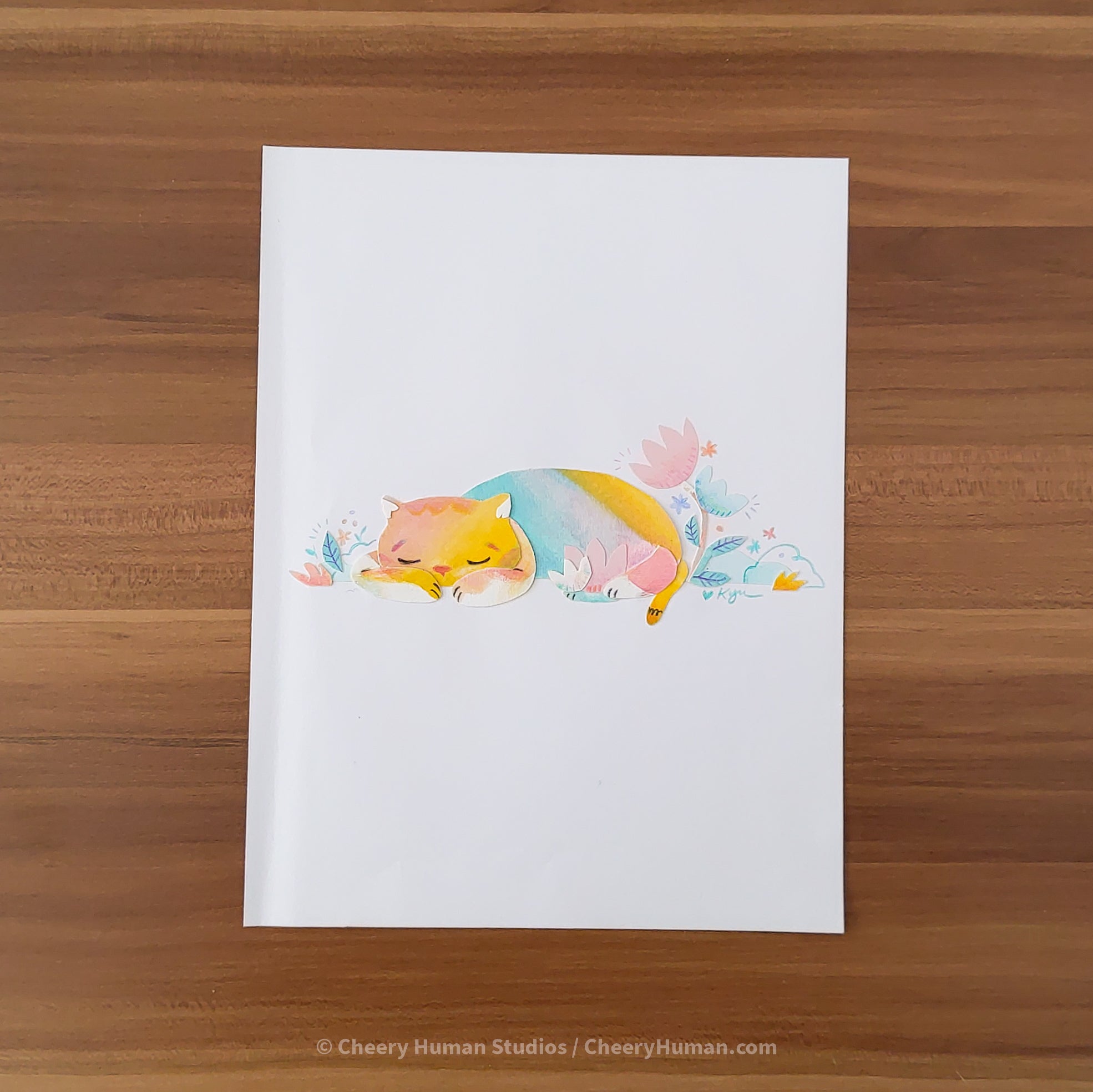 *PAPER ART ORIGINAL* Napping Rainbow Cat - Original Paper Cut Artwork ✺ Watercolor - Acryla Gouache - Colored Pencil Art