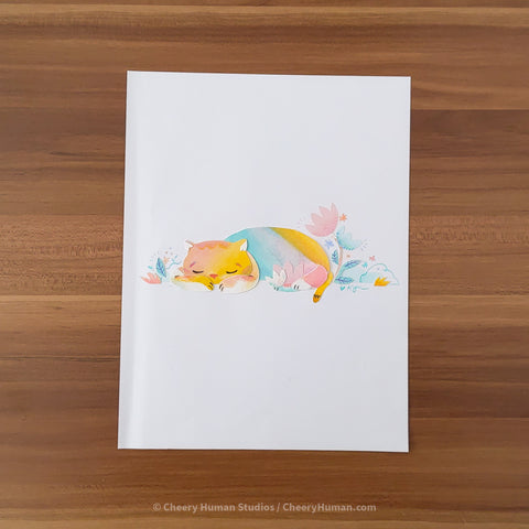 *PAPER ART ORIGINAL* Napping Rainbow Cat - Original Paper Cut Artwork ✺ Watercolor - Acryla Gouache - Colored Pencil Art