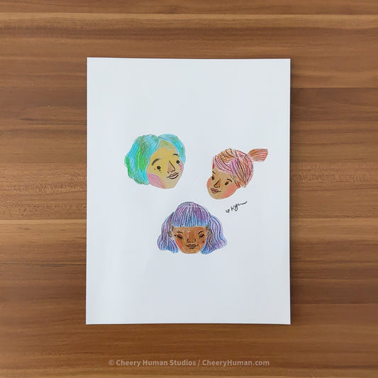 *PAPER ART ORIGINAL* Three Women 1 - Original Paper Cut Artwork ✺ Watercolor - Acryla Gouache - Colored Pencil Art