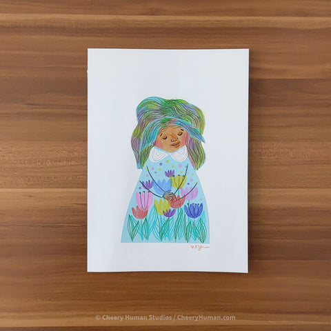 *PAPER ART ORIGINAL* Tulip Dress Woman - Original Paper Cut Artwork ✺ Watercolor - Acryla Gouache - Colored Pencil Art