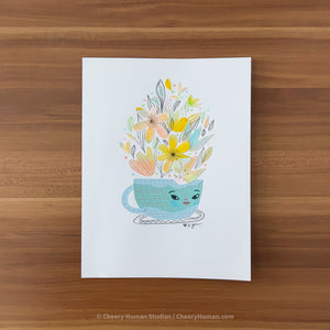 *PAPER ART ORIGINAL* Blue Green Cup + Flowers - Original Paper Cut Artwork ✺ Watercolor - Acryla Gouache - Colored Pencil Art