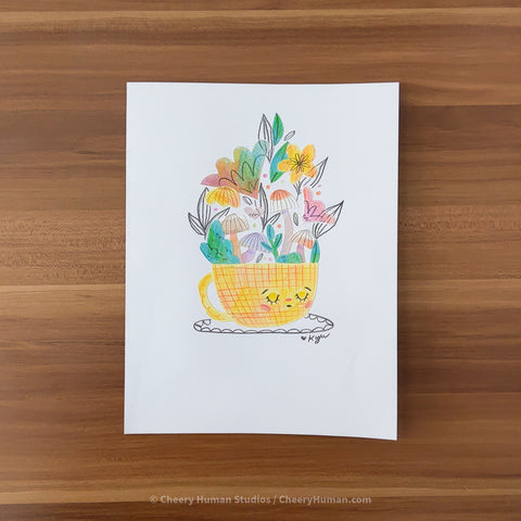 *PAPER ART ORIGINAL* Yellow Cup + Flowers - Original Paper Cut Artwork ✺ Watercolor - Acryla Gouache - Colored Pencil Art