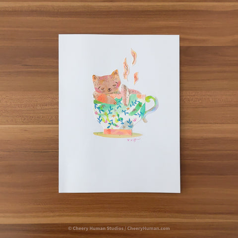 *PAPER ART ORIGINAL* Cozy Cat in Cup - Original Paper Cut Artwork ✺ Watercolor - Acryla Gouache - Colored Pencil Art