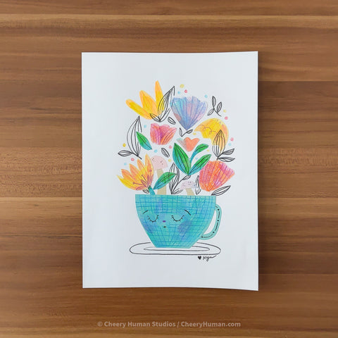 *PAPER ART ORIGINAL* Blue Cup + Bright Flowers - Original Paper Cut Artwork ✺ Watercolor - Acryla Gouache - Colored Pencil Art