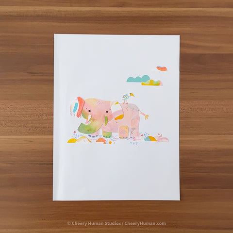 *PAPER ART ORIGINAL* Elephant + Friend - Original Paper Cut Artwork ✺ Watercolor - Acryla Gouache - Colored Pencil Art