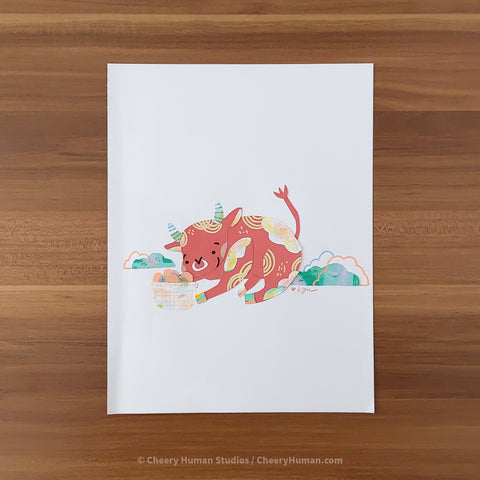 *PAPER ART ORIGINAL* Year of the Ox - Original Paper Cut Artwork ✺ Watercolor - Acryla Gouache - Colored Pencil Art