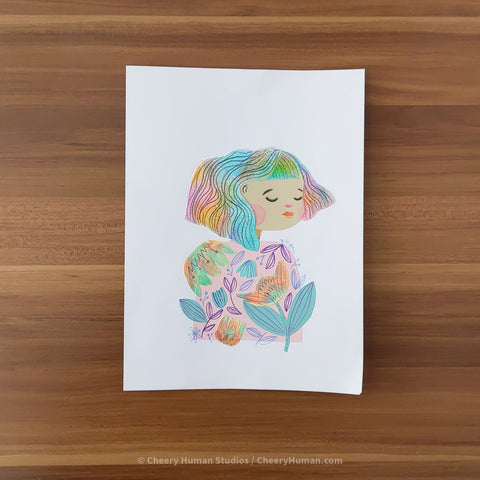 *PAPER ART ORIGINAL* Rainbow Hair Woman - Original Paper Cut Artwork ✺ Watercolor - Acryla Gouache - Colored Pencil Art