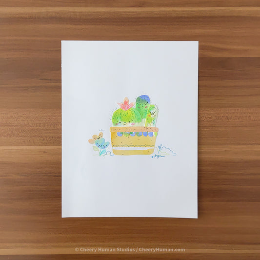 *PAPER ART ORIGINAL* Cactus Friends - Original Paper Cut Artwork ✺ Watercolor - Acryla Gouache - Colored Pencil Art