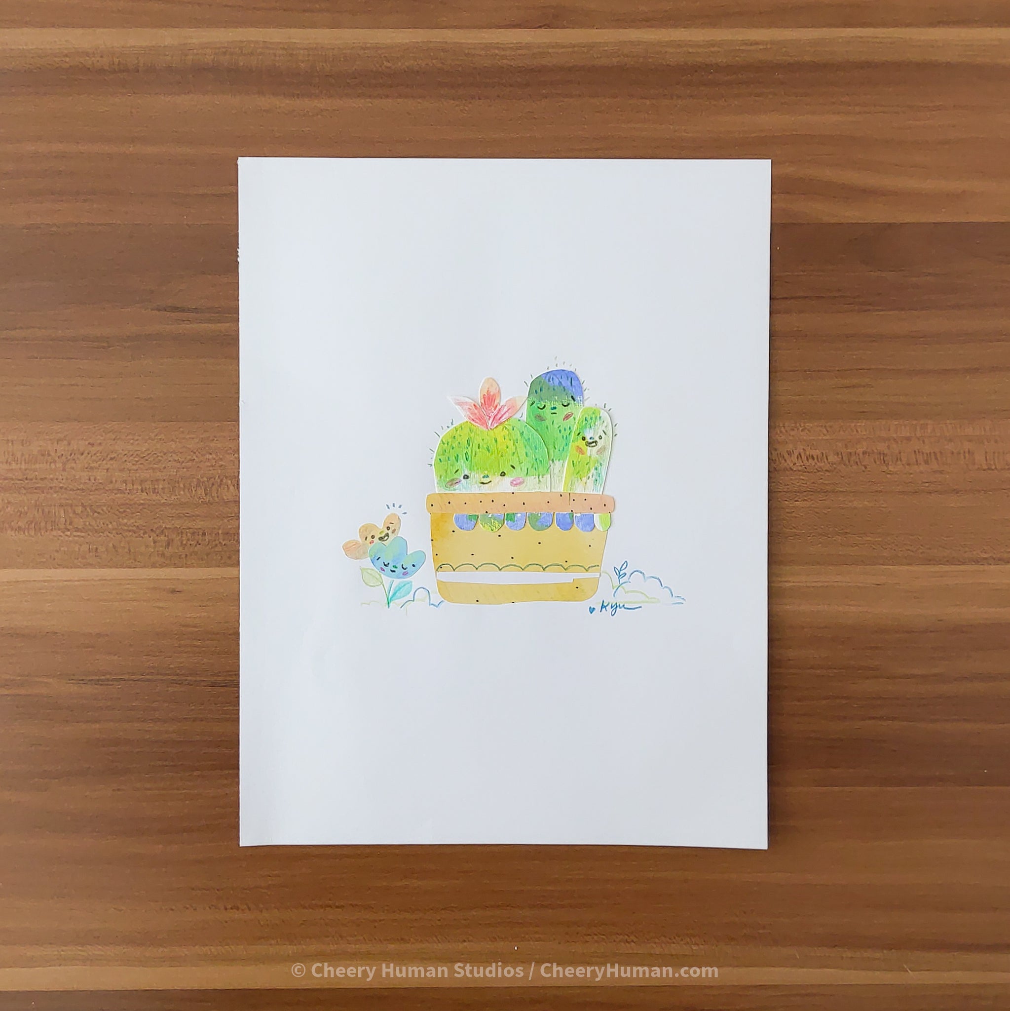 *PAPER ART ORIGINAL* Cactus Friends - Original Paper Cut Artwork ✺ Watercolor - Acryla Gouache - Colored Pencil Art