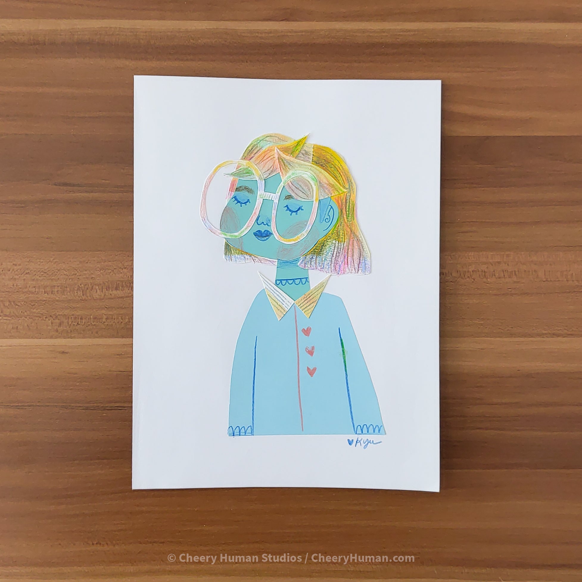 *PAPER ART ORIGINAL* Woman with Eyeglasses - Original Paper Cut Artwork ✺ Watercolor - Acryla Gouache - Colored Pencil Art