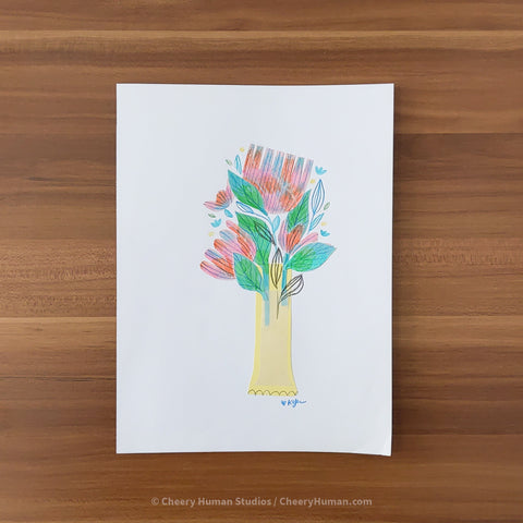 *PAPER ART ORIGINAL* Yellow Vase + Flowers - Original Paper Cut Artwork ✺ Watercolor - Acryla Gouache - Colored Pencil Art