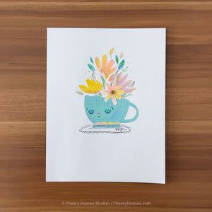 *PAPER ART ORIGINAL* Sleepy Teacup + Flowers - Original Paper Cut Artwork ✺ Watercolor - Acryla Gouache - Colored Pencil Art