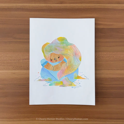 *PAPER ART ORIGINAL* Heartfelt Hugs in the Clouds - Original Paper Cut Artwork ✺ Watercolor - Acryla Gouache - Colored Pencil Art
