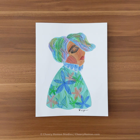 *PAPER ART ORIGINAL* Blue Pixie Hair Woman - Original Paper Cut Artwork ✺ Watercolor - Acryla Gouache - Colored Pencil Art