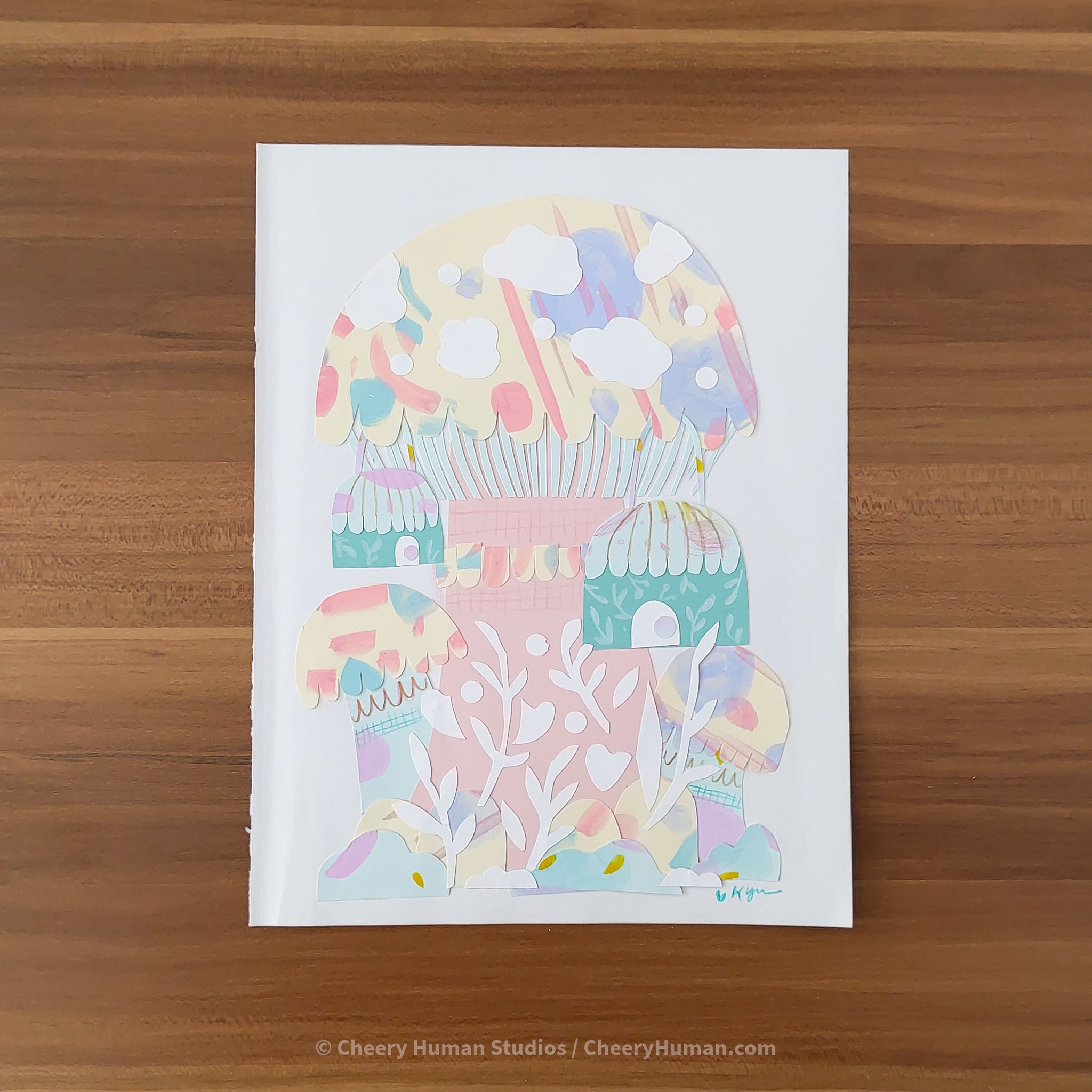 *PAPER ART ORIGINAL* Mushroom Town - Original Paper Cut Artwork ✺ Watercolor - Acryla Gouache - Colored Pencil Art
